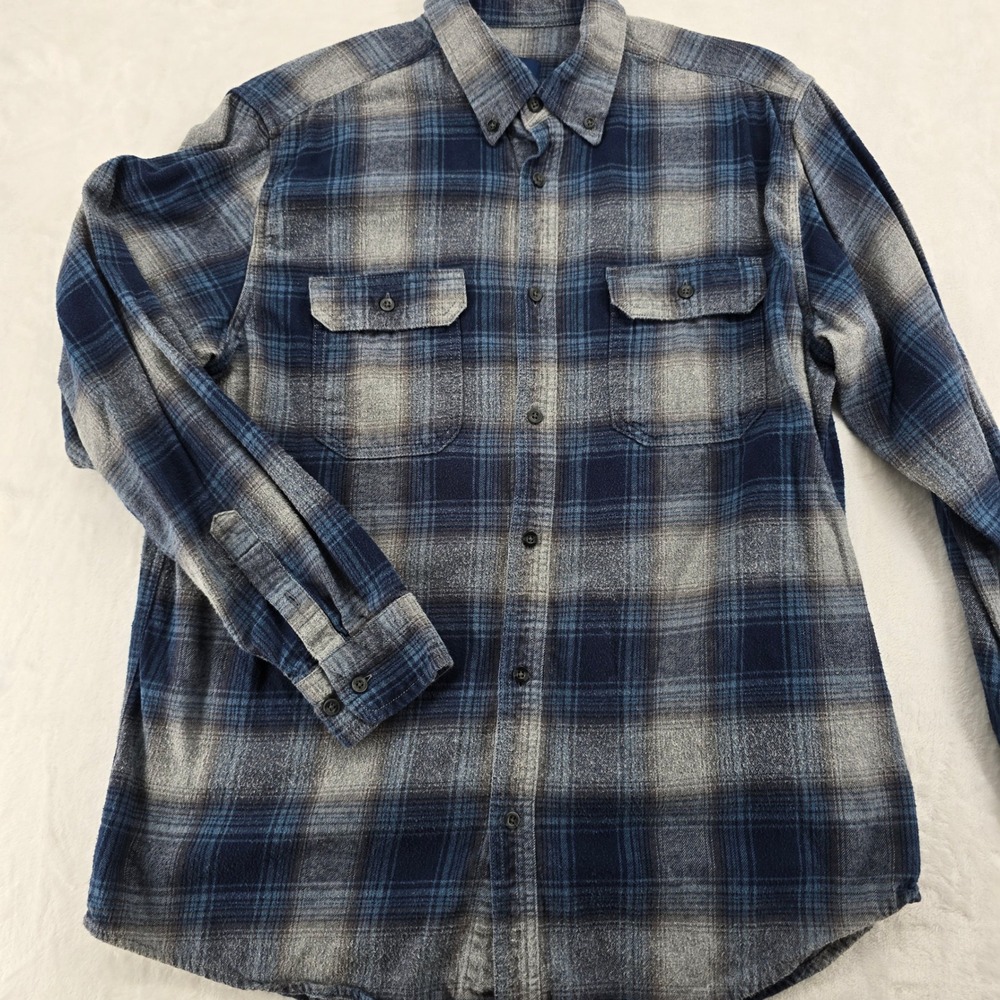 George Flannel Mens L Shirt Blue Cove Plaid Cotton Long Sleeve Button Down